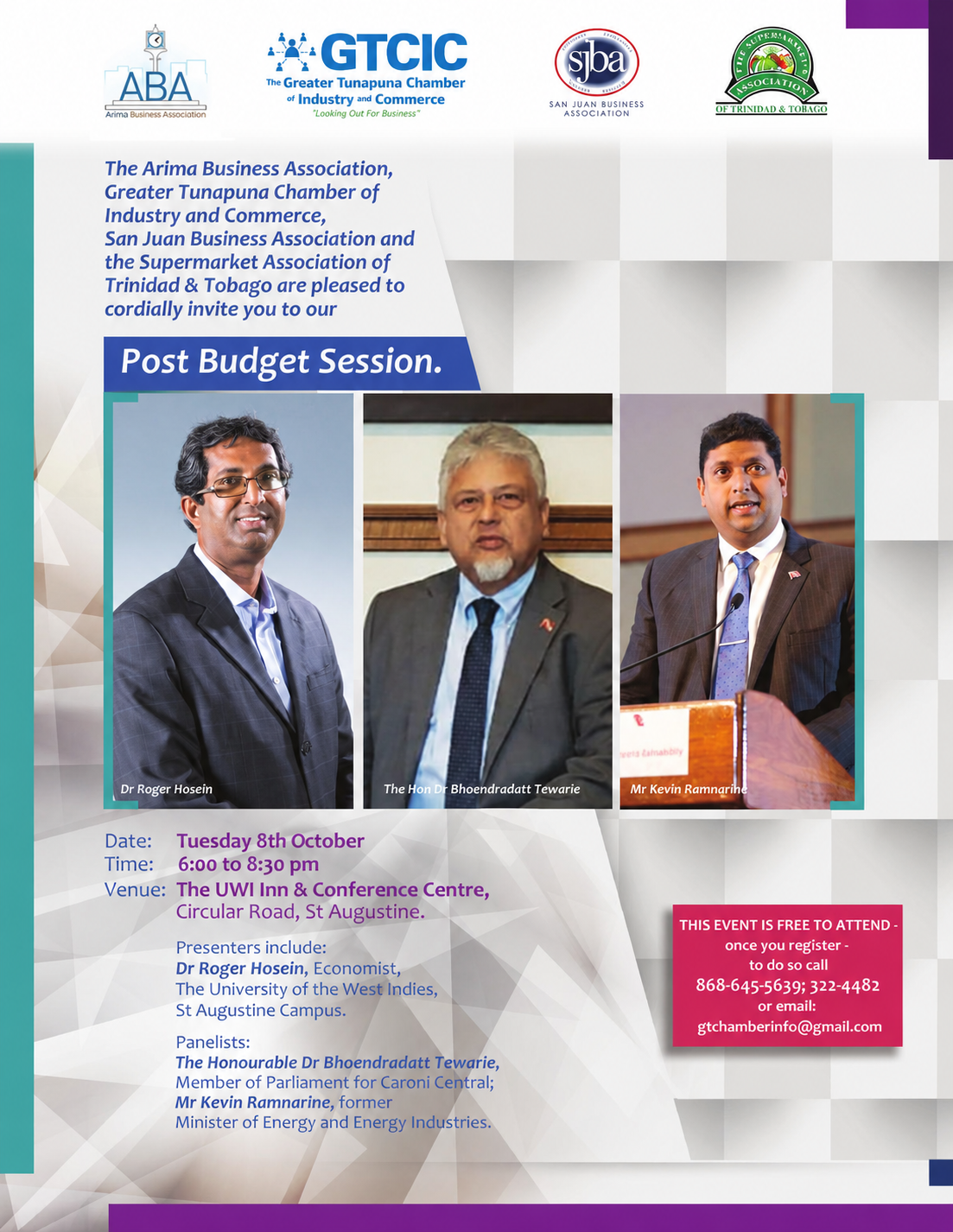 Revised promotion for the GTCIC joint Post Budget Session held on 8 October 2019, featuring the three speakers who attended
