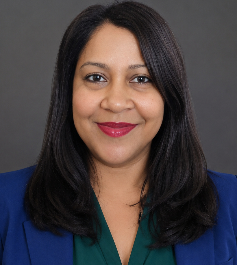 Maria Mohammed-Maharaj wearing a blue blazer