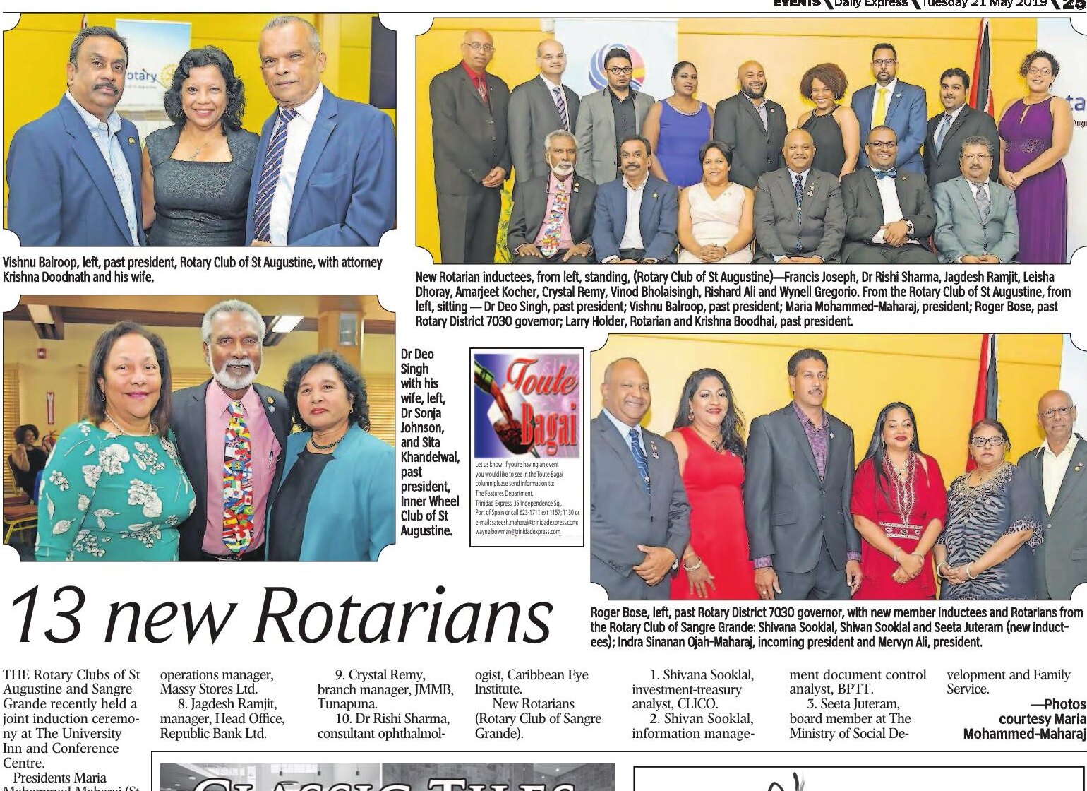 Trinidad Express clipping titled 13 new Rotarians