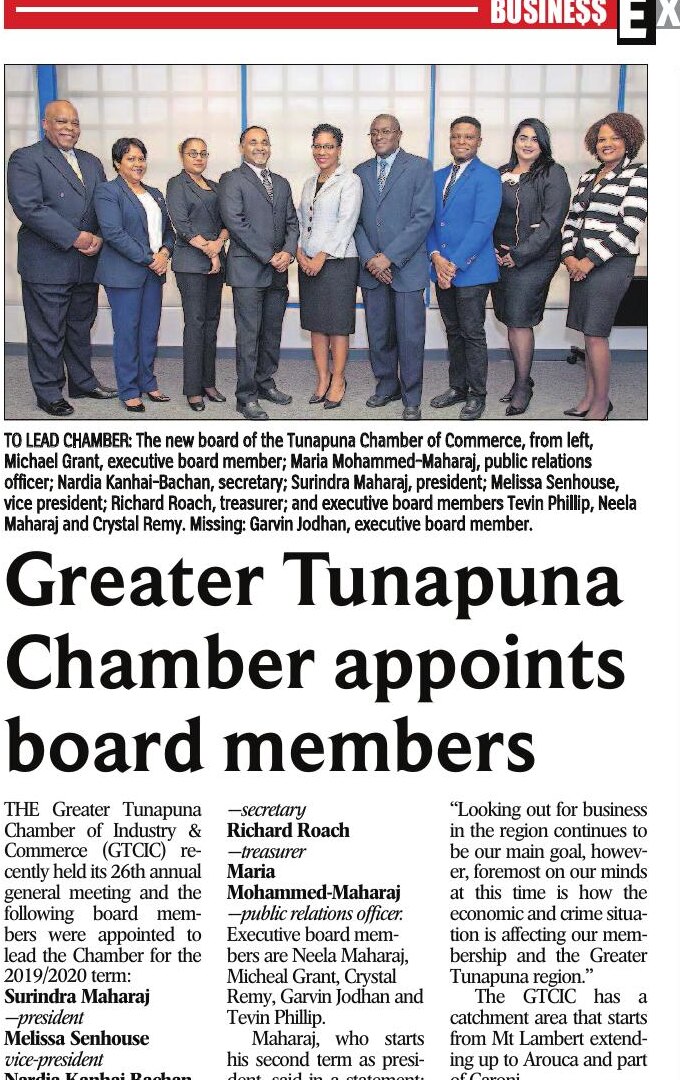 Trinidad Express clipping titled Greater Tunapuna Chamber appoints board members