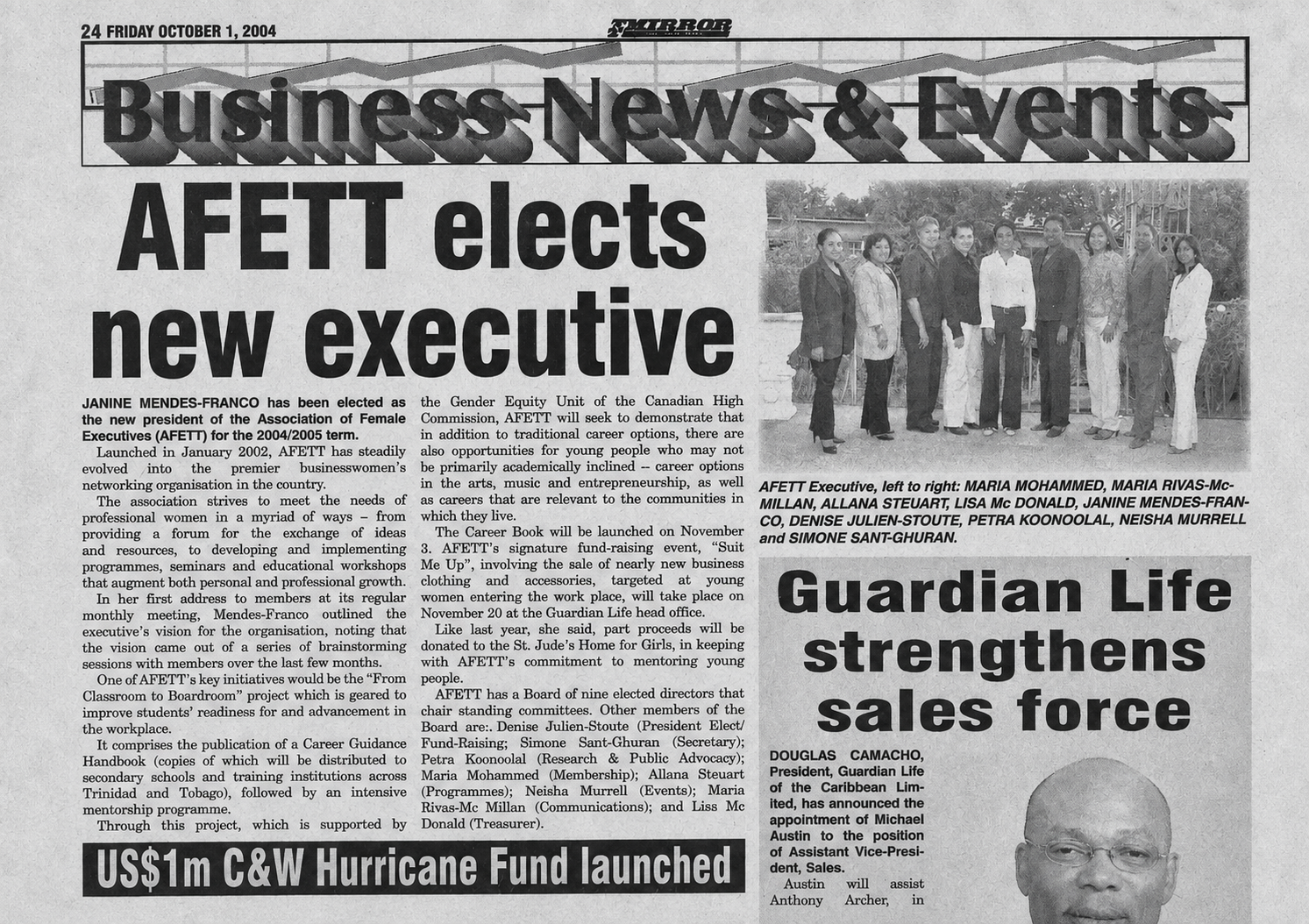 The Mirror article AFETT elects new executive, listing Maria Mohammed as a Board Member for Membership and showing her at the far left
