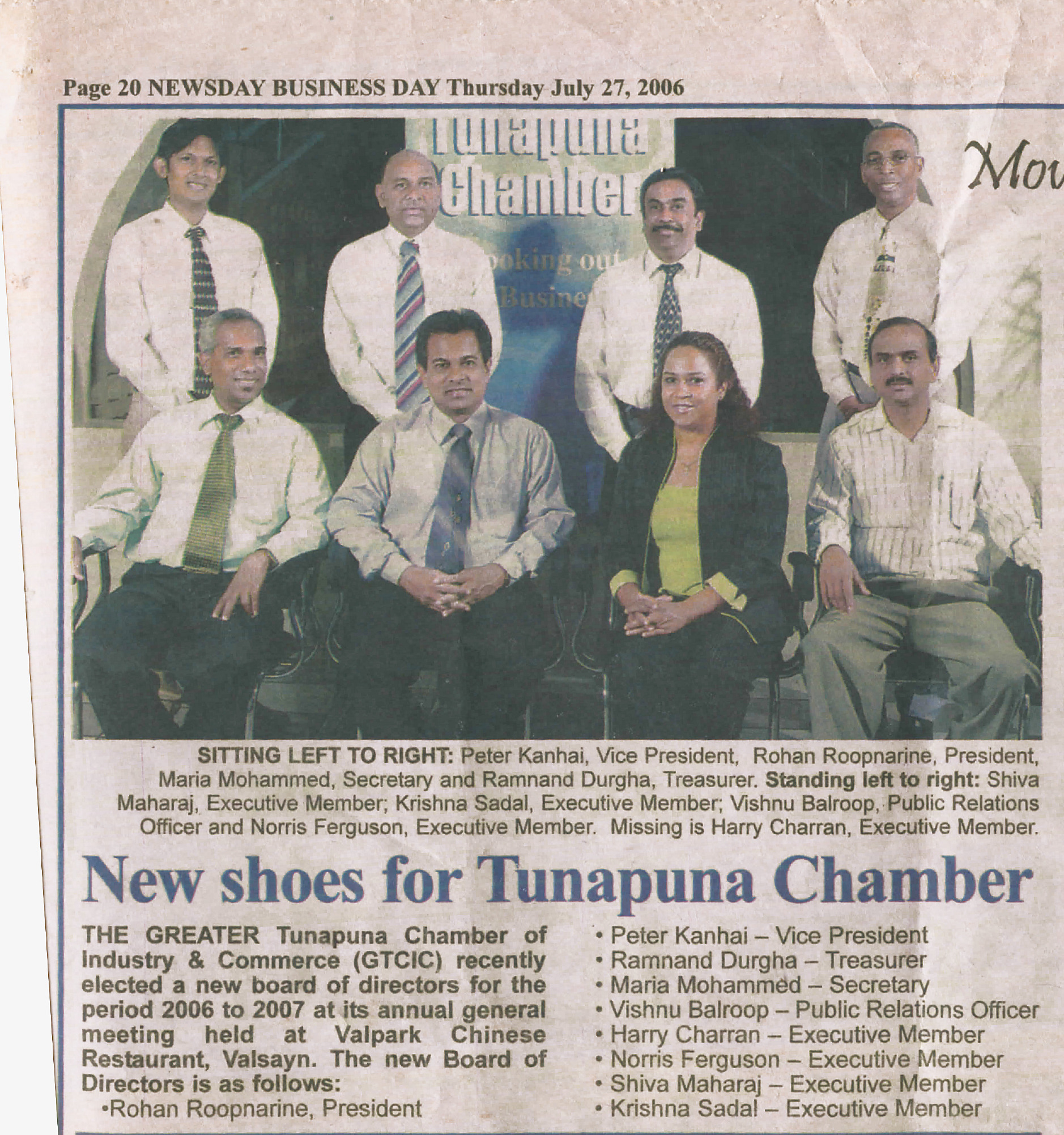 Newsday Business Day clipping reporting the Greater Tunapuna Chamber of Industry and Commerce 2006 to 2007 board