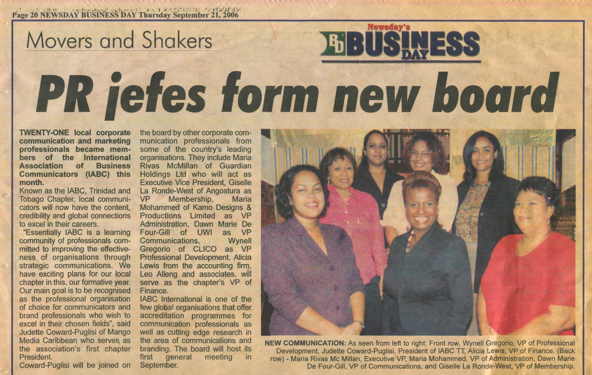 Newsday Business Day clipping reporting the new IABC Trinidad and Tobago Chapter board