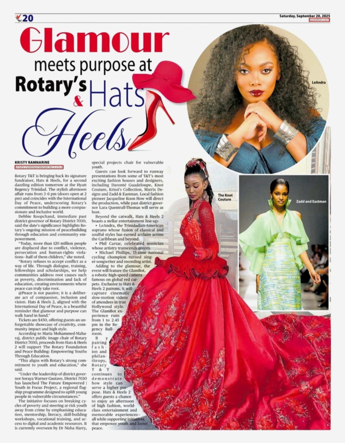Trinidad Express page titled Glamour meets purpose at Rotary's Hats and Heels 2, quoting Maria Mohammed-Maharaj as Rotary District 7030 Public Image Chair