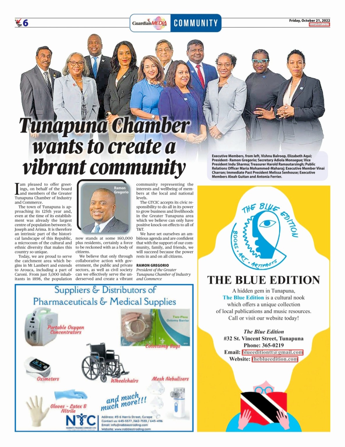Trinidad Guardian Community page titled Tunapuna Chamber wants to create a vibrant community, identifying Maria Mohammed-Maharaj as Public Relations Officer